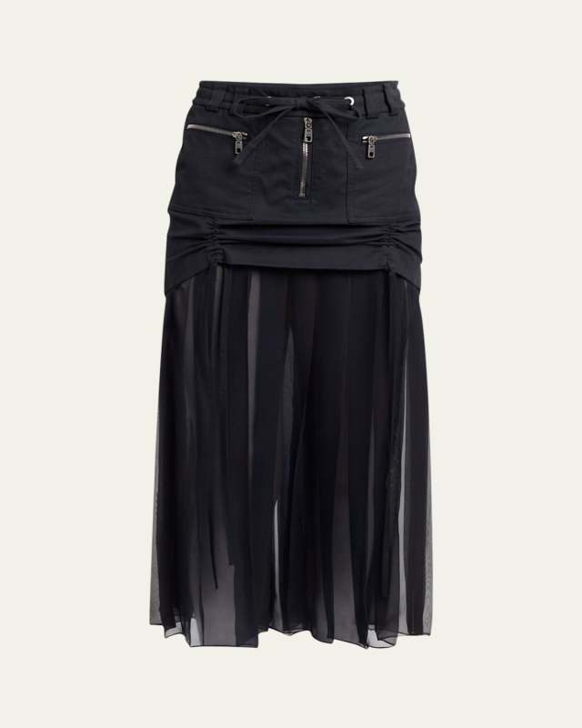 Twill And Pleated Chiffon Midi Skirt
